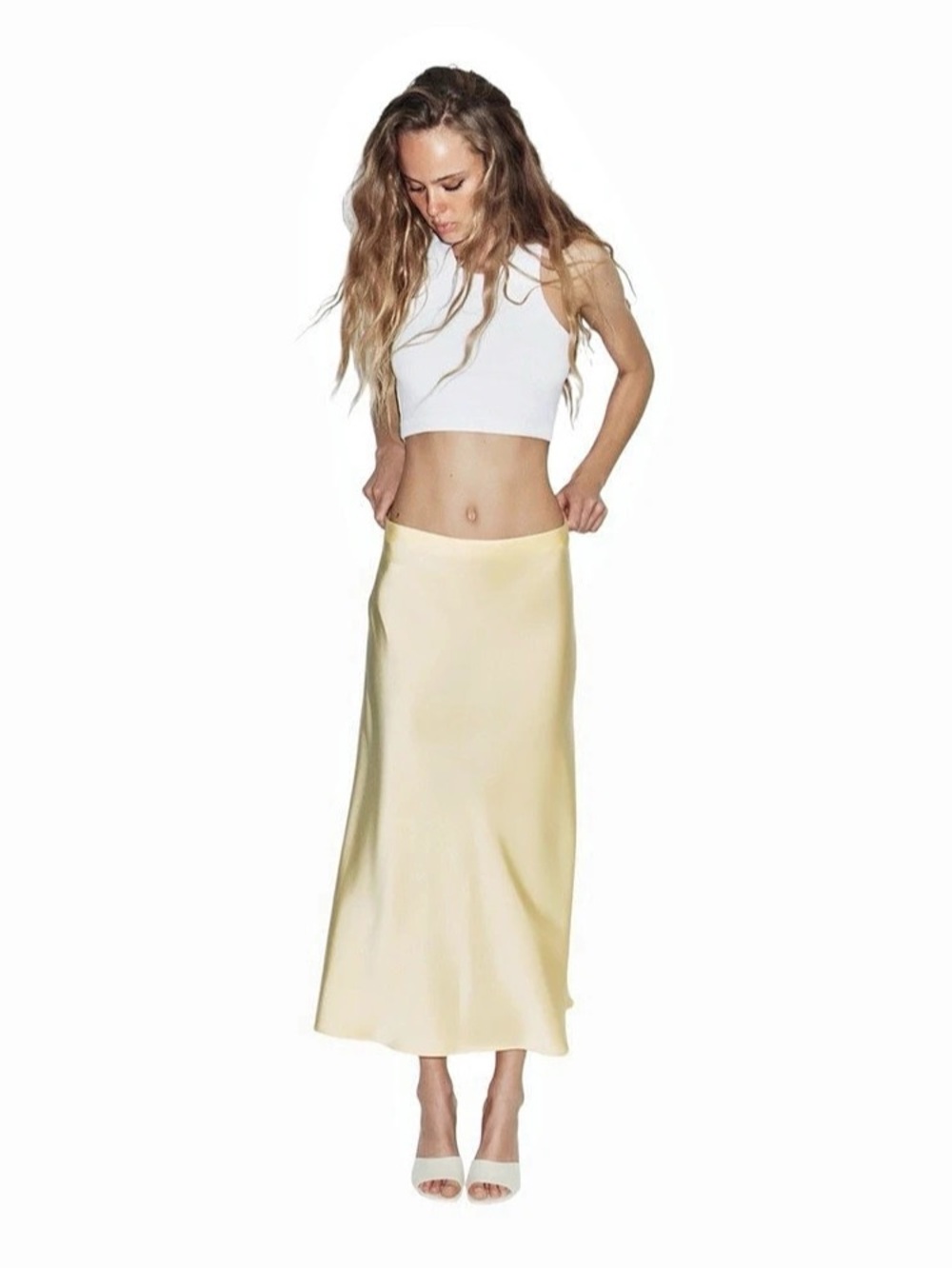 Zara Satin Effect Skirt Satin Midi Skirt in Yellow Size XS NWT